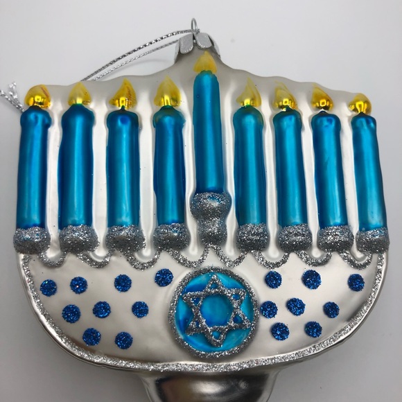 NWOT Noble Blue and Silver Hanukkah Lights Menorah Glass Ornament, 5", - Picture 4 of 12